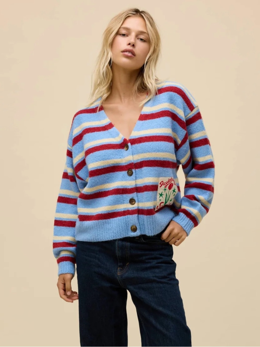 Daydreamer Light Blue, Red & Cream Striped V‑Neck Cardigan